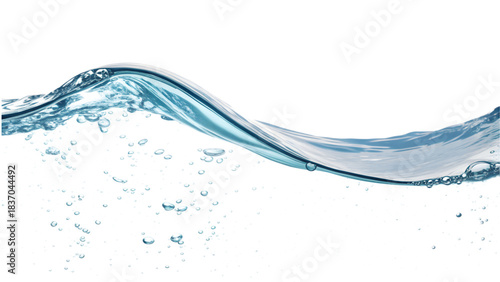 Close-up of a dynamic water wave with bubbles suspended in motion against a white background