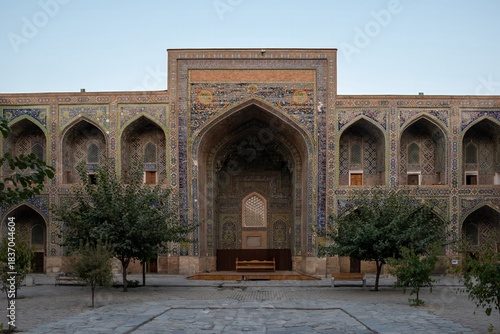 Registan Square Madrasa Courtyard with Ornate Tilework and Archways - Samarkand - Uzbekistan