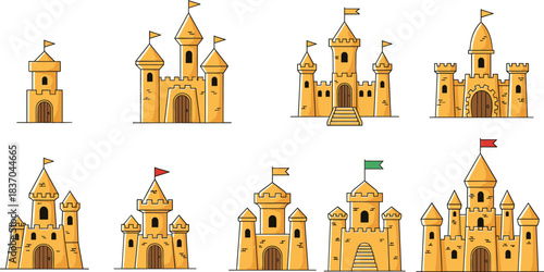 Cartoon Golden Castle Vector Set Featuring Medieval Fantasy Fortresses, Towers, Arches, and Decorative Flags