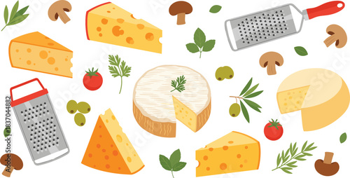 Cheese Cooking Ingredients Vector Set Featuring Assorted Cheese Types, Graters, Mushrooms, Herbs, Olive, and Tomato Elements