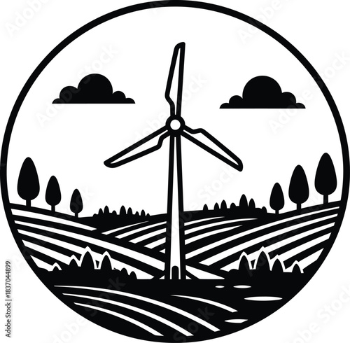 Vintage style circular emblem featuring a wind turbine in a rural landscape