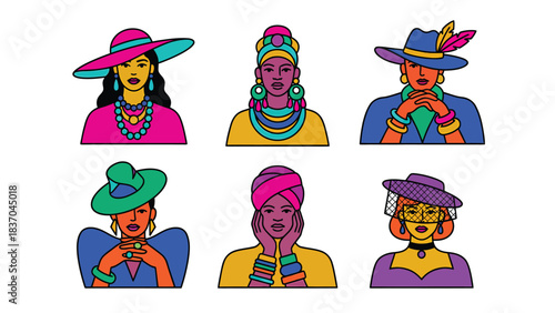 Diverse Women in Stylish Hats and Jewelry Fashionable Illustration Set