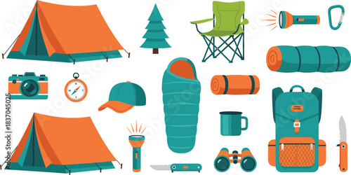 Camping Outdoor Gear Vector Set Featuring Tent, Sleeping Bag, Backpack, Flashlight, Binoculars, Camera, and Travel Equipment