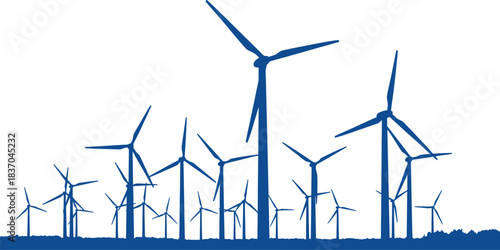 Modern wind farm with numerous turbines against a bright sky and blue horizon