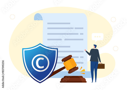 Reading legal document, shield with copyright symbol, gavel. Intellectual property protection concept illustration
