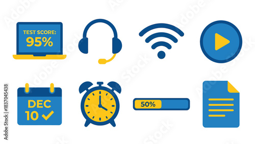 Diverse Icon Set Representing Online Learning and Education Laptop Headphones Wi Fi Play Button Calendar Alarm Clock Progress Bar Document