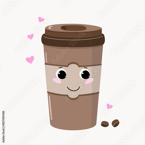 A hot drink in a plastic cup with a lid. Disposable coffee cup. Cartoon sticker with eyes and a face. Heart shape and coffee bean. Flat color illustration. Coffee cup.