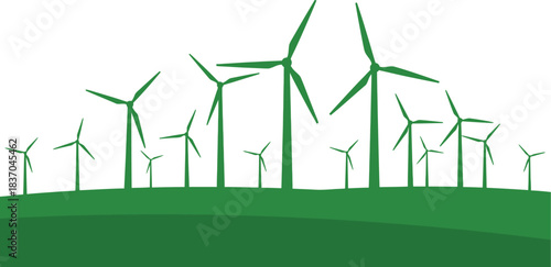 Green landscape with multiple wind turbines generating clean energy on a bright day