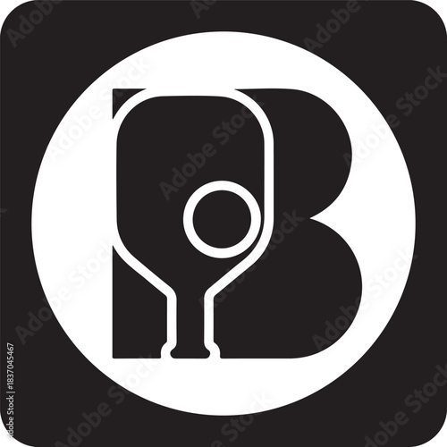 Black and white logo design featuring a pickleball paddle shape integrated with the letter b