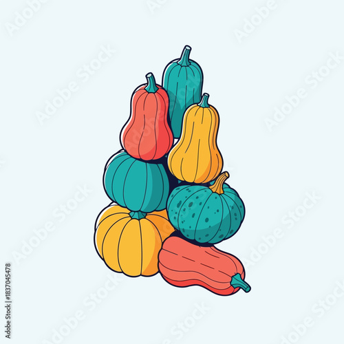 Stack of colorful cartoon pumpkins and gourds squash