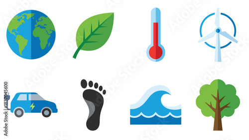 Protecting Our Planet Eco Friendly Icons for a Sustainable Future Earth Leaf Thermometer Wind Turbine Electric Car Footprint Wave Tree