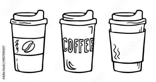Hand drawn coffee take away, doodle sketch isolated on white. Takeaway glass with lid, picture of coffee bean, text "Coffee" and cupholder. Black and white line drawing. Vector clipart illustration.