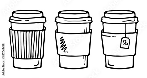 Hand drawn hot drinks take away, doodle sketch isolated on white. Takeaway disposable glass with lid in cardboard cupholder, hot tea to go. Black and white line drawing. Vector clipart illustration.