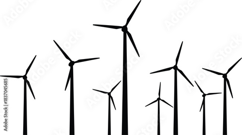 Minimalist illustration of wind turbines in varying sizes against a white background