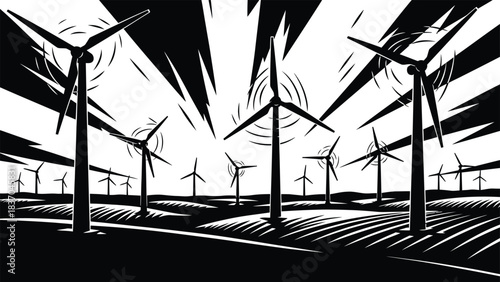 Dramatic black and white illustration of a wind farm with a bright sunburst background