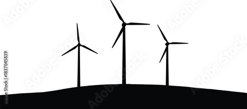 Silhouette of wind turbines on a hill against a bright white background