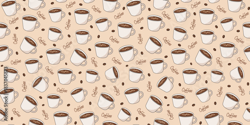 Coffee cup pattern. Handwritten lettering. Coffee bean. Line icon. International Coffee Day. Doodle drawing. Repeating vector background.