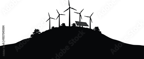 Silhouetted wind turbines on a hilltop against a stark white background illustration