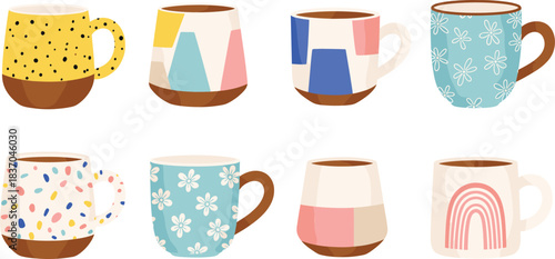 Colorful ceramic mug illustration set with modern patterned coffee and tea cups in cozy handmade style