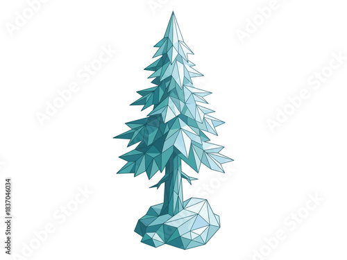 A low-poly geometric blue and teal pine tree with crystalline facets standing on stylized rocks.