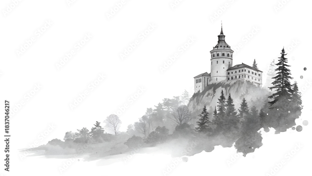 Obraz premium Monochrome illustration of a historic castle perched on a hill surrounded by pine trees and mist in a scenic mountainous landscape