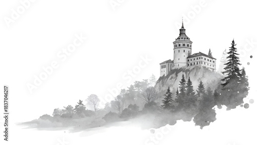 Monochrome illustration of a historic castle perched on a hill surrounded by pine trees and mist in a scenic mountainous landscape