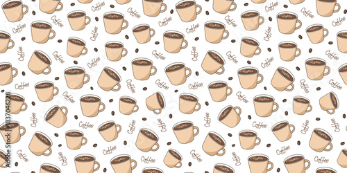 Cup of coffee. Seamless pattern. Handwritten lettering. Coffee bean. Line icon. International Coffee Day. Doodle drawing. Repeating vector background.