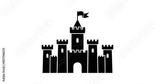 Medieval Castle Silhouette with Flag – Fortress and Fairytale Icon