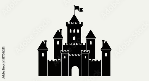 Medieval Castle Silhouette with Flag – Fortress and Fairytale Icon