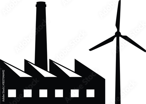 Industrial factory building with a wind turbine in a simple black and white illustration