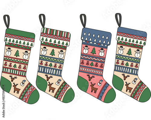 Christmas stocking illustration set with festive patterns, winter holiday symbols, and cozy seasonal decoration vector design