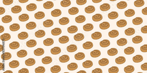 Sweet cinnamon bun, drawing, doodle. Seamless pattern. Delicious baked goods, sweet nutritious snack. Hand-drawn element for cafes, pastries, menus, recipes. Repeating background.