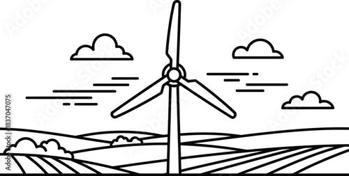Line art illustration of a wind turbine in a rural landscape with clouds
