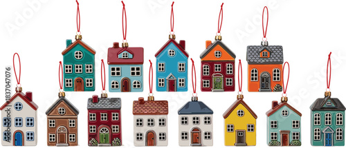 Colorful miniature house ornaments collection with cute village homes, festive hanging decorations, and cozy architectural style