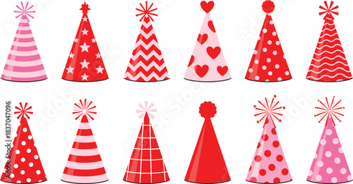 Colorful party hat illustration set with striped dotted and heart patterns for birthday celebration design