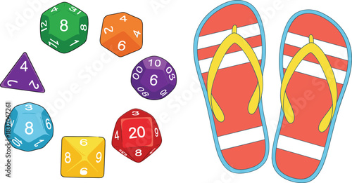 Colorful polyhedral gaming dice set with flip flops illustration combining tabletop role playing and summer elements