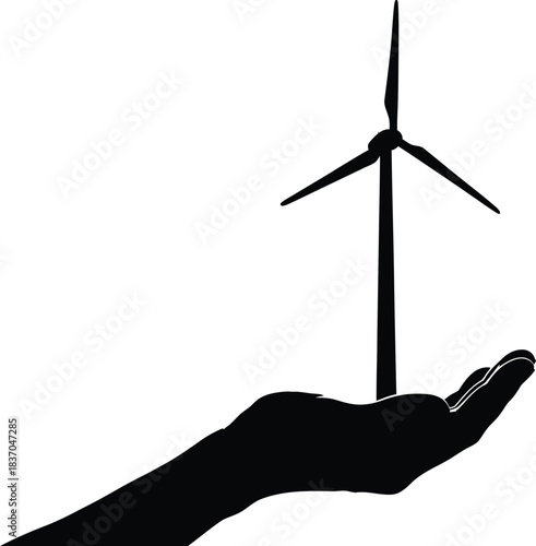 A hand gently holds a silhouette of a single wind turbine representing clean energy