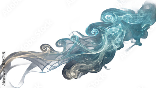 Abstract blue and white swirling smoke or ink in motion on a white background with fluid artistic shapes