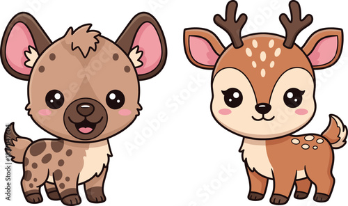 Cute baby animal characters illustration featuring smiling hyena and deer isolated in kawaii cartoon style