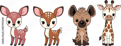 Cute baby animal cartoon illustration set with deer fawn hyena cub and giraffe for kids vector design