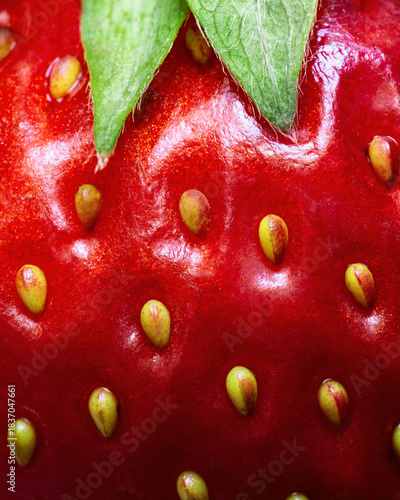 Wallpaper Mural Closeup of ripe red strawberry with glossy seeds and fresh green leaves: vertical macro photo for food textures, summer vibes, and phone wallpapers. Torontodigital.ca