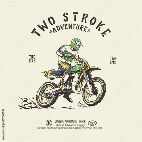 Retro two stroke trail bike custom dirt motorcycle illustration badge. Vintage outdoor apparel design