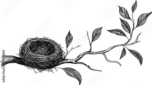 Detailed black and white vector engraving of a bird's nest resting on a leafy branch, symbolizing nature, spring, ecology, and vintage drawing style