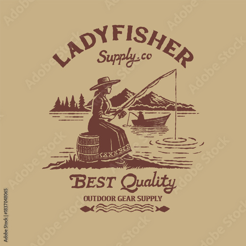 Ladyfisher retro vector illustration logo lady fishing on river lake forest mountain nature national park. Vintage outdoor gear apparel design