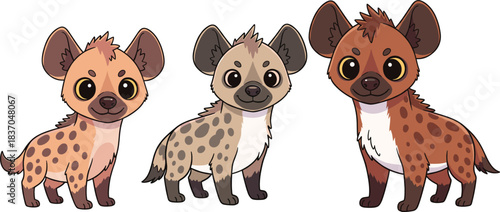 Cute baby hyena cartoon illustrations set with adorable safari wildlife animals and playful children friendly vector characters