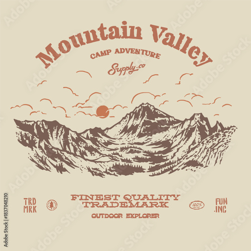 Retro illustration nature rocky mountain valley adventure camp landscape national park. Vintage artwork outdoor apparel design 