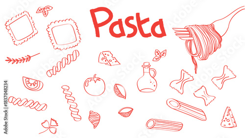Hand drawn style pasta selection and other ingredients vector illustration. Element for culinary, food and beverages theme. Restaurant or café menu.