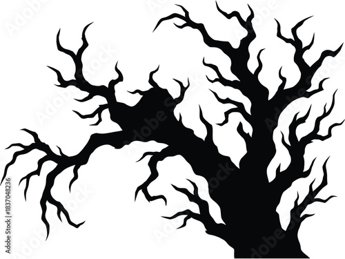 Silhouette of a spooky, gnarled bare tree with twisted branches, evoking a Halloween or eerie atmosphere.