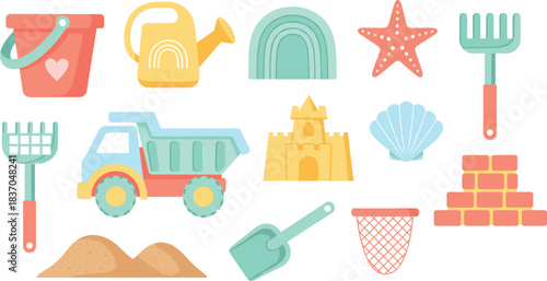 Cute beach and sandbox toy illustration set with bucket shovel truck shell and summer kids play elements
