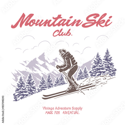 Mountain Ski club logo vector retro illustration skier adventure on mountain snow nature national park. Vintage outdoor apparel design